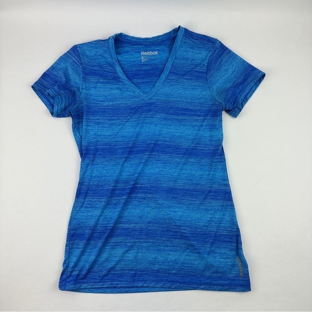 Reebok Athletic Tshirt Womens Small Blue Striped Vneck